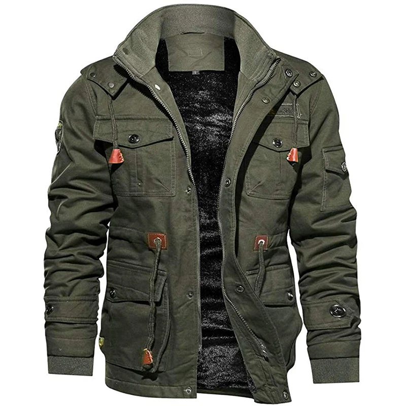 
2019 Fashion Coat Big Pockets Mens Outdoor Jacket Winter 4XL Fleece Hooded Tactical Jacket 