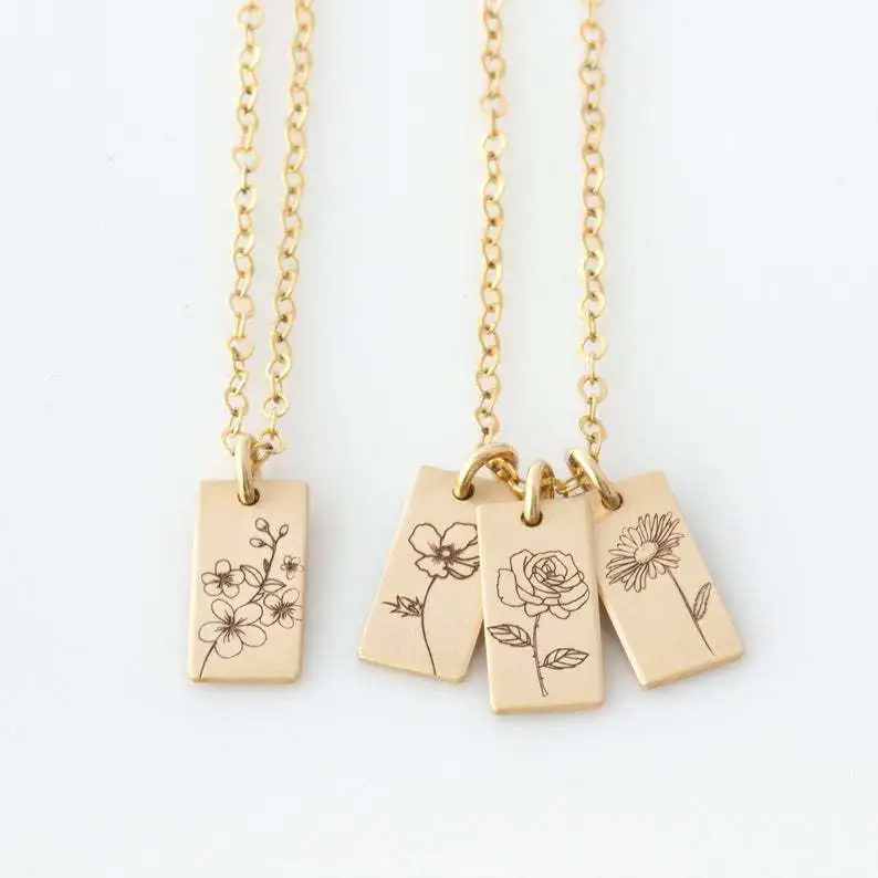 

Stainless Steel Gold Plated Necklace Custom Square Engraved Birth Flower Organic Shape Name Necklace