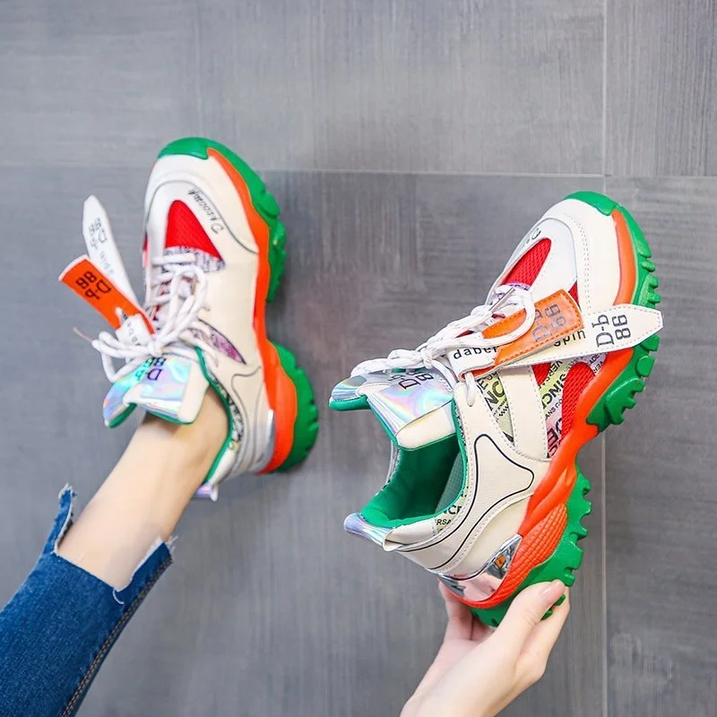 

Rainbow Colorful Chunky Platform Women Fashion Daddy Sneakers 2020 Arrivals Patchwork Blue Green Lady New Footwear Lace Up Shoes