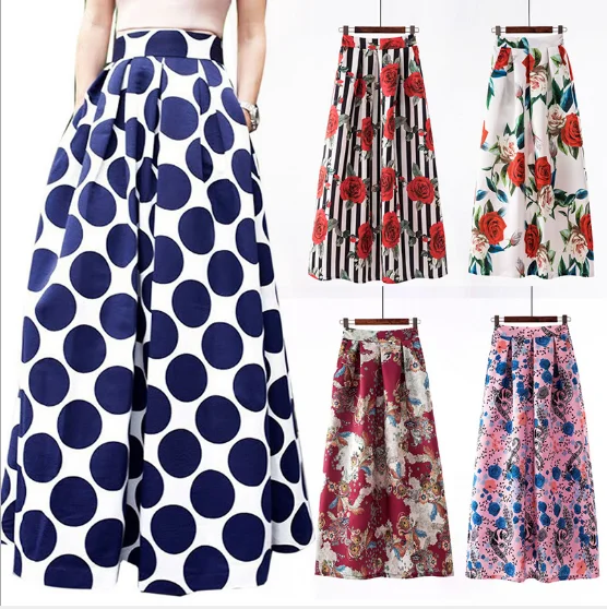 

Women Floral Saia Dot Print A Line Long Cocktail Pleated Wave Point Mid Tutu Skirt Pockets Maxi Dress