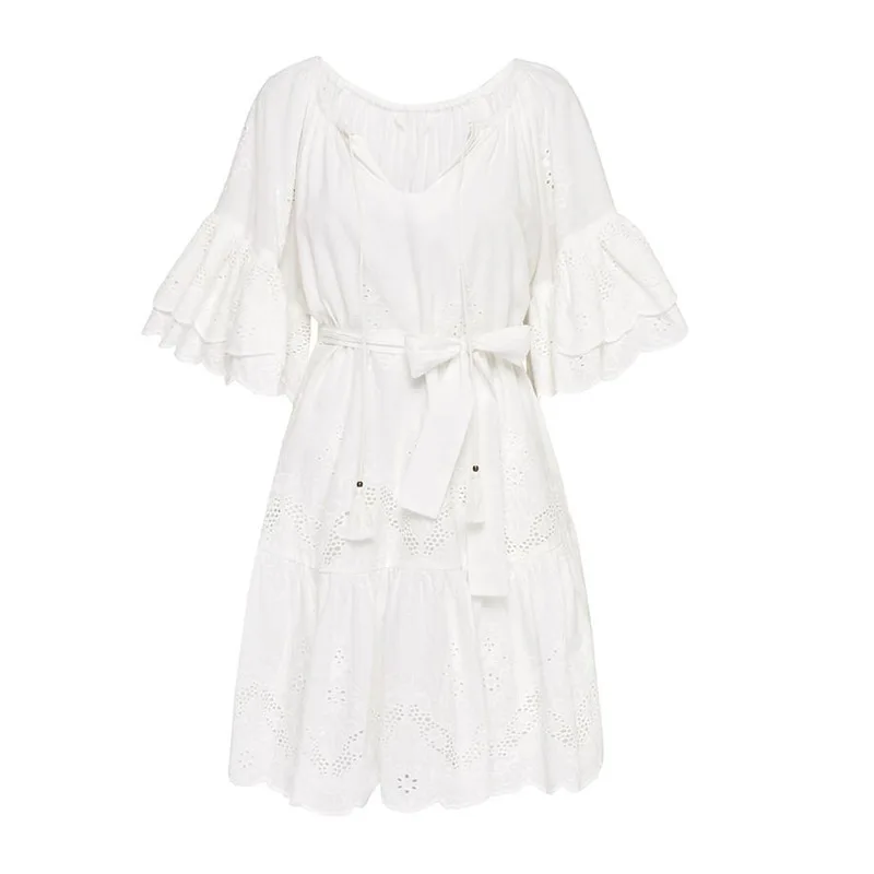 

Oem In Stock Flare Sleeve Loose Tassels Dress 2021 Women'S Clothing,White Beach Style Ruffle Boho Dresses Women Summer