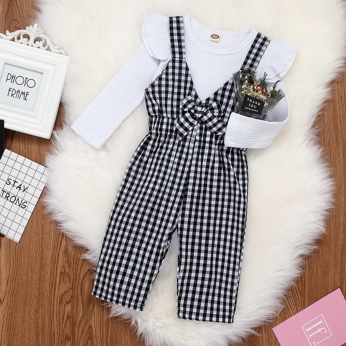 

Fashion Autumn Spring Toddler Kid Girls Clothes Set girls autumn T Shirt + Plaid Overalls Jumpsuit Children Costumes, As picture