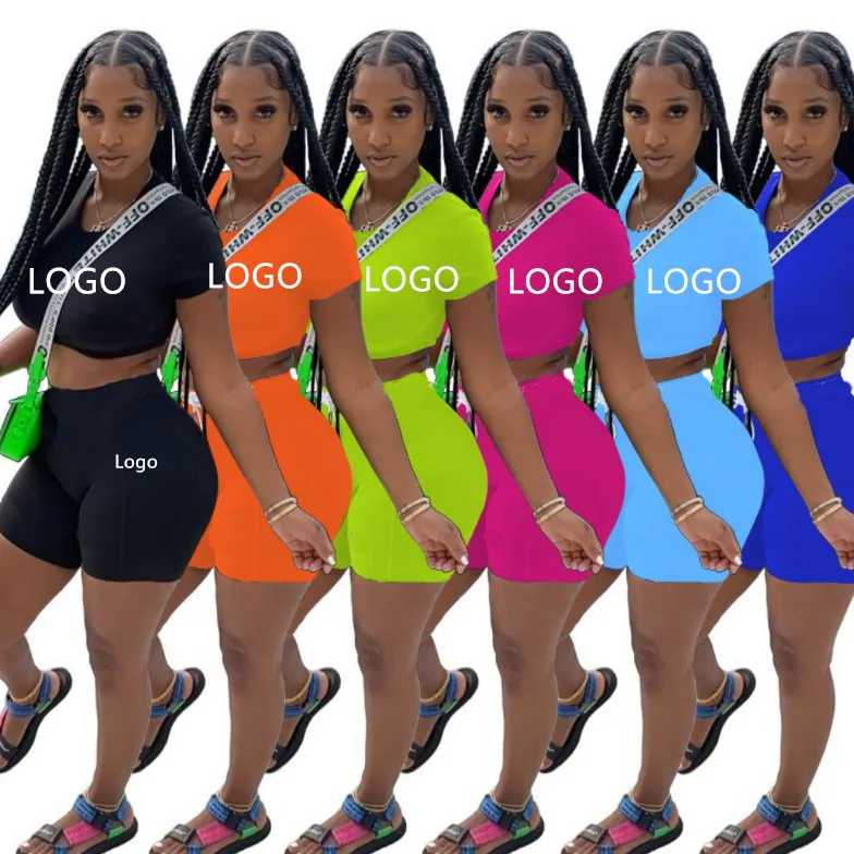 

Custom logo 2021 women 2 Piece Set Sexy Two Piece Pant Sets Clothing Outfits Women Tracksuits Biker Short Sets SY21013