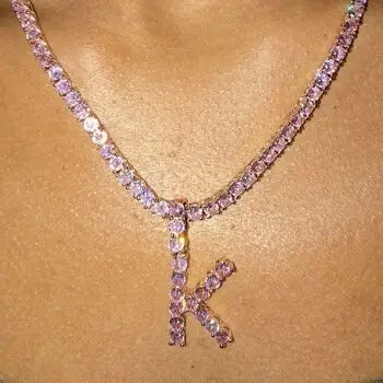 wholesale pink color stone alphabet diamond tennis letter initial necklace for women 2019