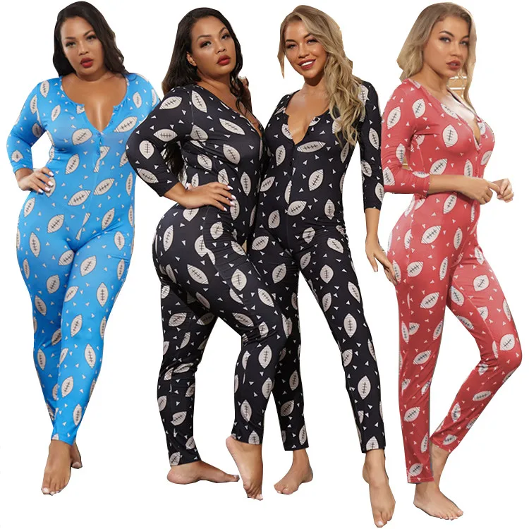 

2021 Latest Women Jumpsuit Onesie Sexy Print Overall Sleepwear Plus Size Long onesie Pajama