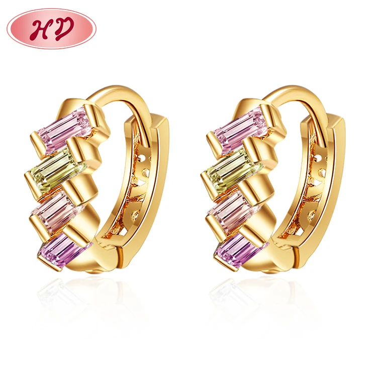 

Custom design logo zirconia cluster 18k gold coated brass baguette huggie elegant earrings women