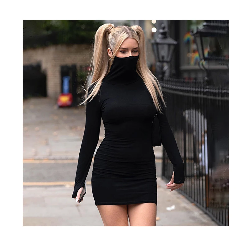 

Sexy Bodycon Mask Style Mini Dress Women Autumn Long Sleeve High Neck Party Dresses Female Sheath Dress Robes Vestido