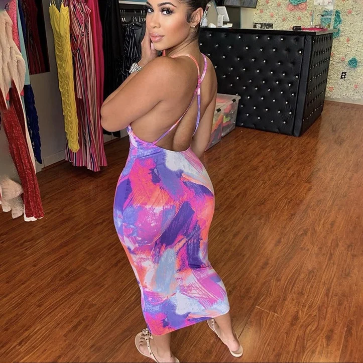 

X01230C Backless Cross Hot Sexy Midi Dresses Women Strap Sleeveless Party Clubwear Tie Dye Print Skinny Bodycon Dress New, Black