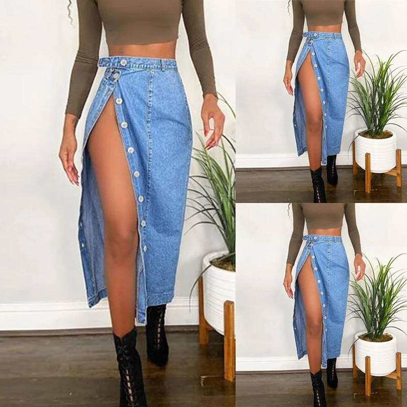 

women long skirts denim casual jean skirt split hip skirts, Picture color