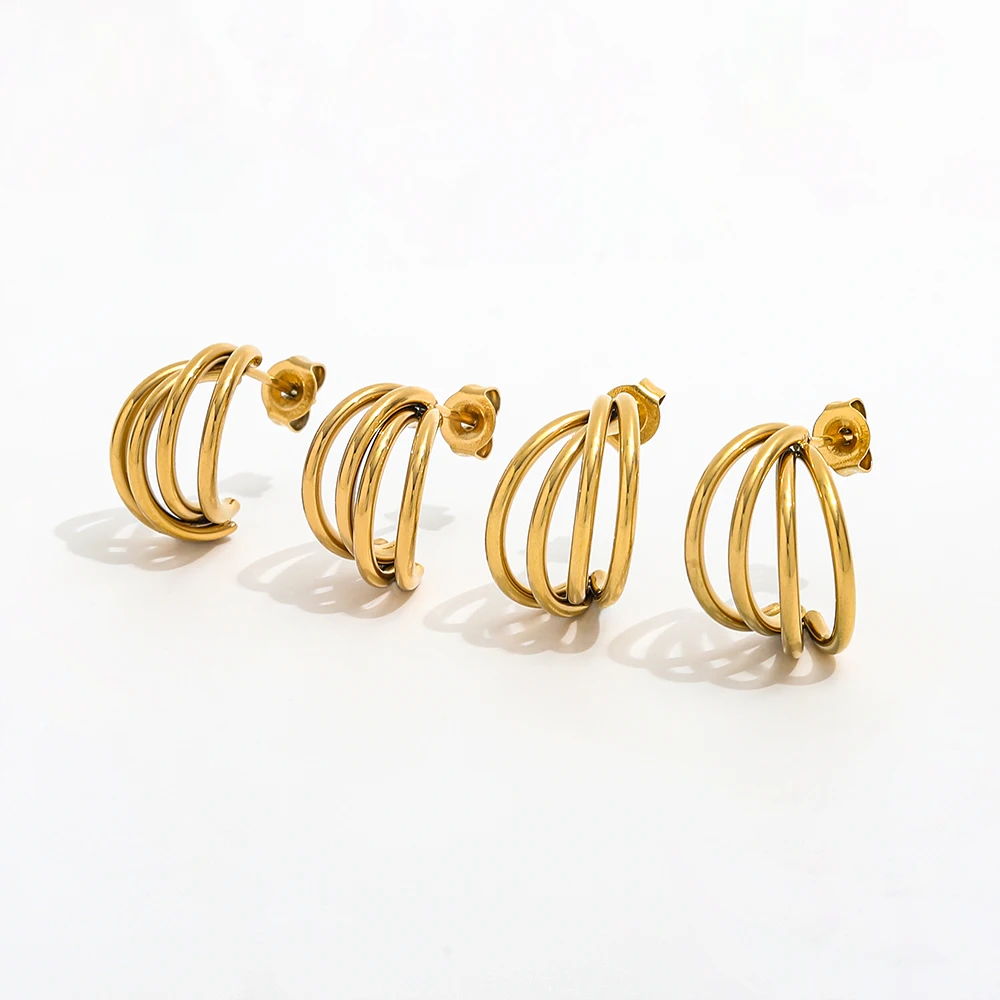 Joolim 18K Gold Plated Wholesale Waterproof&No Fade Fashion Creative Multilayer Line Arc Hoop Earring Stainless Steel Jewelry