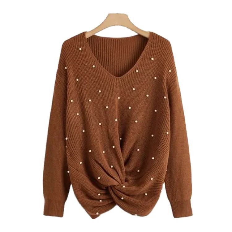 

Classic solid color pullover loose sweater twist hem sweater with pearl beads