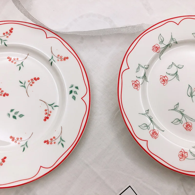 

Korean retro ceramic dinner plate line rose flower western plate dessert fruit cake plates, White plate