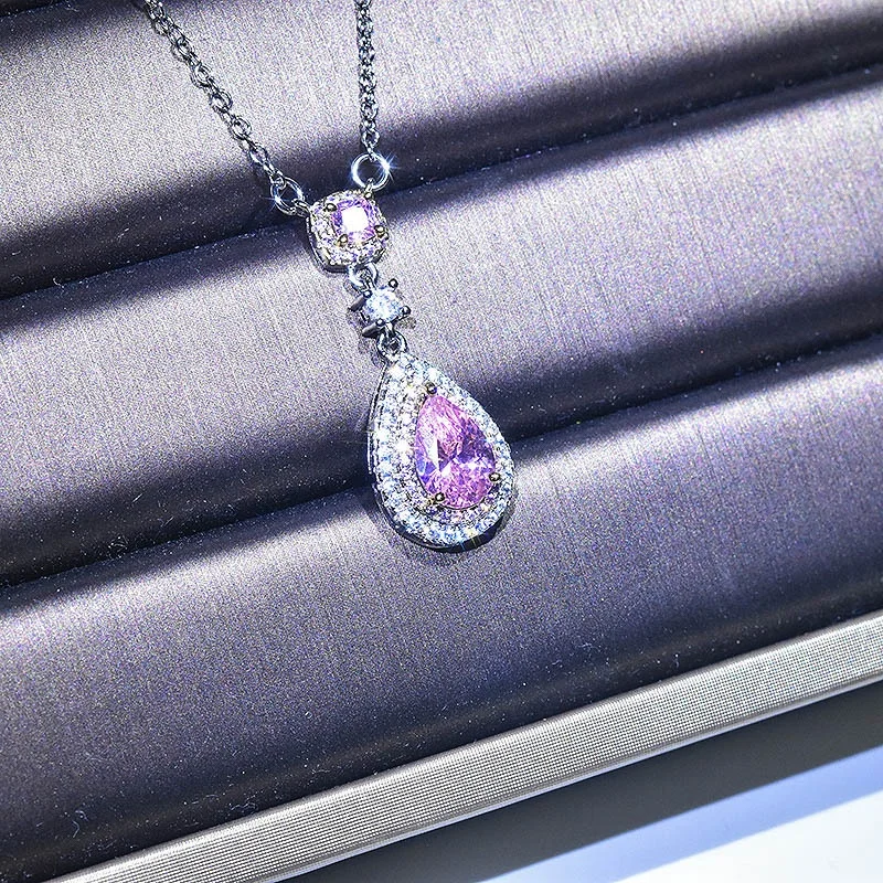 

Vintage Drop Pear Shaped Shiny Pendant Luxury Pink Gemstone CZ Necklace For Women Wedding Jewelry, Picture shows