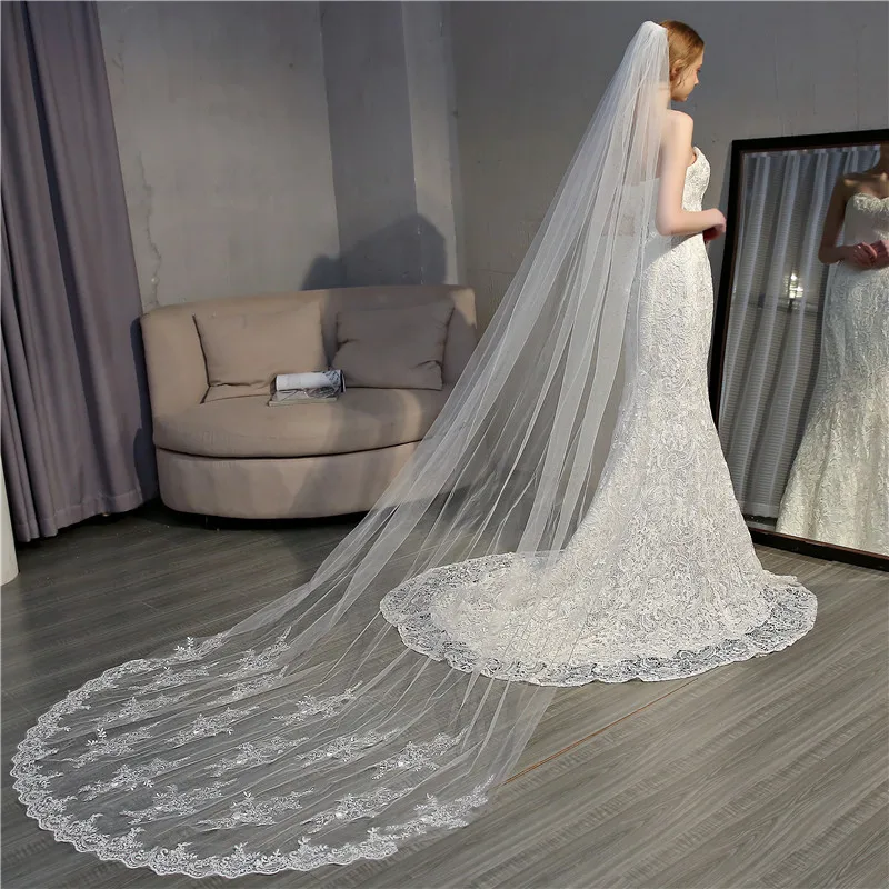 

ROMANTIC New Design White Embroidery Long Cathedral Applique 3M Wedding Veil For Bride