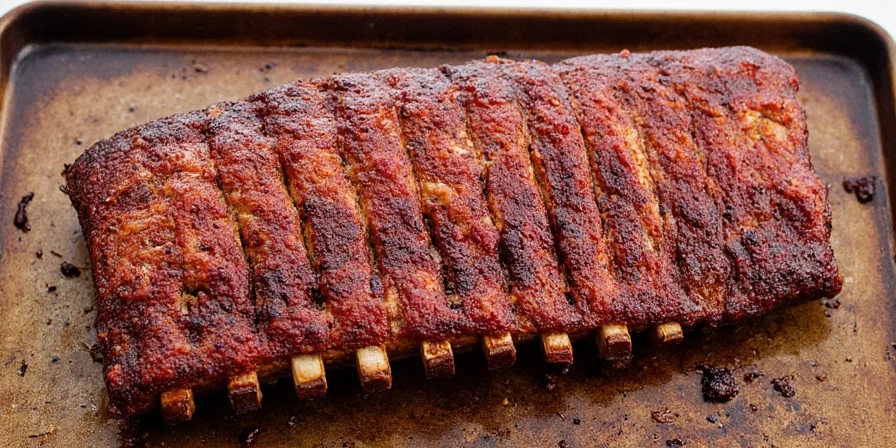 Platter of perfectly smoked St. Louis ribs with sauce and sides