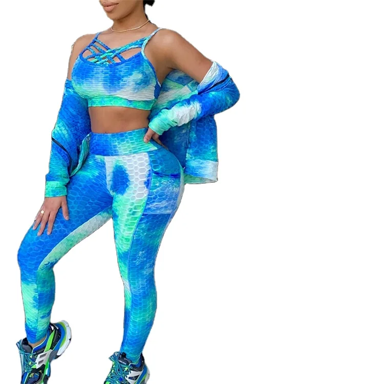 

Y1443-new arrivals 2021 tie dye 3 piece set women fitness & yoga wear tracksuits for women, Picture