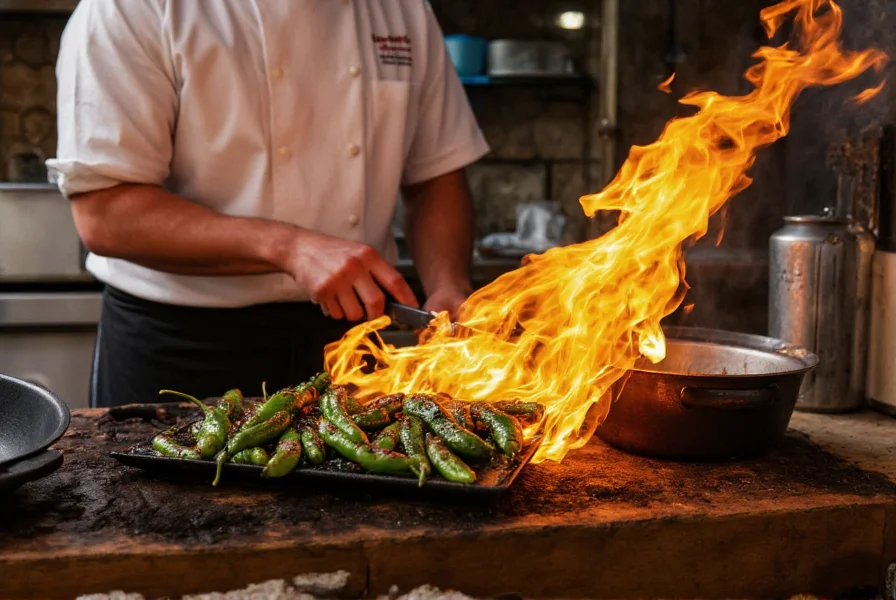 Chef roasting poblano peppers over open flame for chiles rellenos preparation