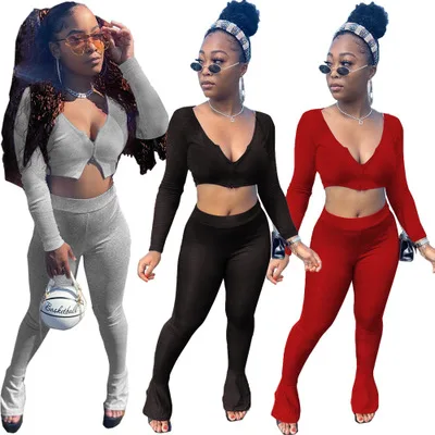 

B54024A Latest design women sexy v neck fashion two-piece flare pants suit, Black/gray/red