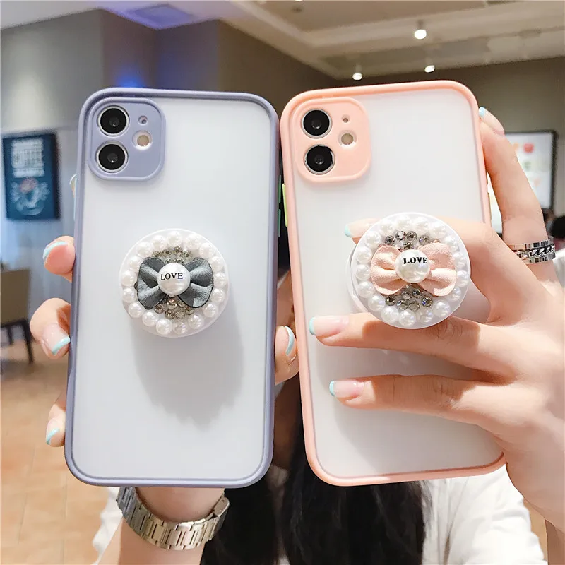 

INS Cute 3D pearl Bow holder stand camera protects soft hard phone case for iphone 11 Pro 7 8 plus X XS XR MAX back cover gift