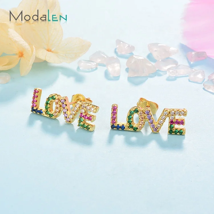 

Modalen Copper Love Letter Alphabet Colorful Crystal Gold Plated Stud Earring, 18k gold earrings