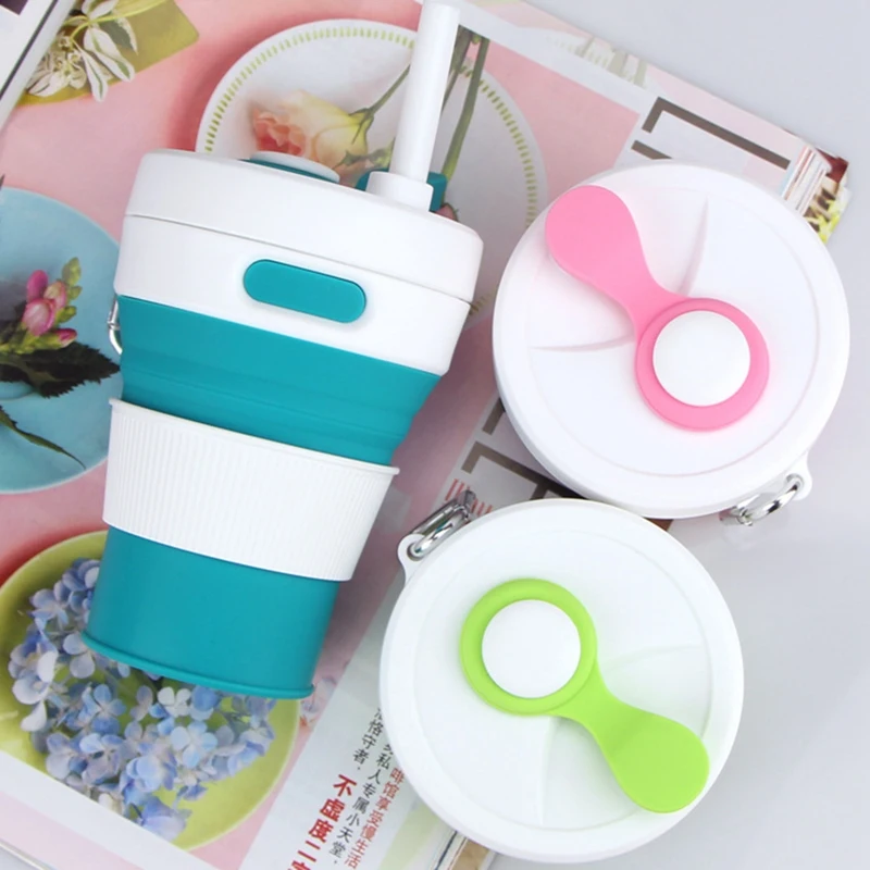 

Hot Folding Silicone Portable Telescopic Drinking Collapsible Coffee Multi-function Foldable Mug Travel Cups With Straw, Blue/pink/fruit green/grey/red/green