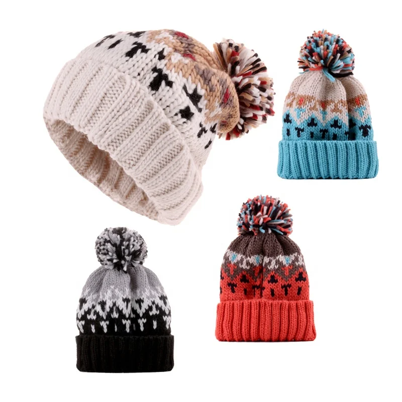 

Wholesale New Two-Tone Winter Hats Women Fashion Warm Beanie Cap Casual Winter Knit pom pom Beanie Hats