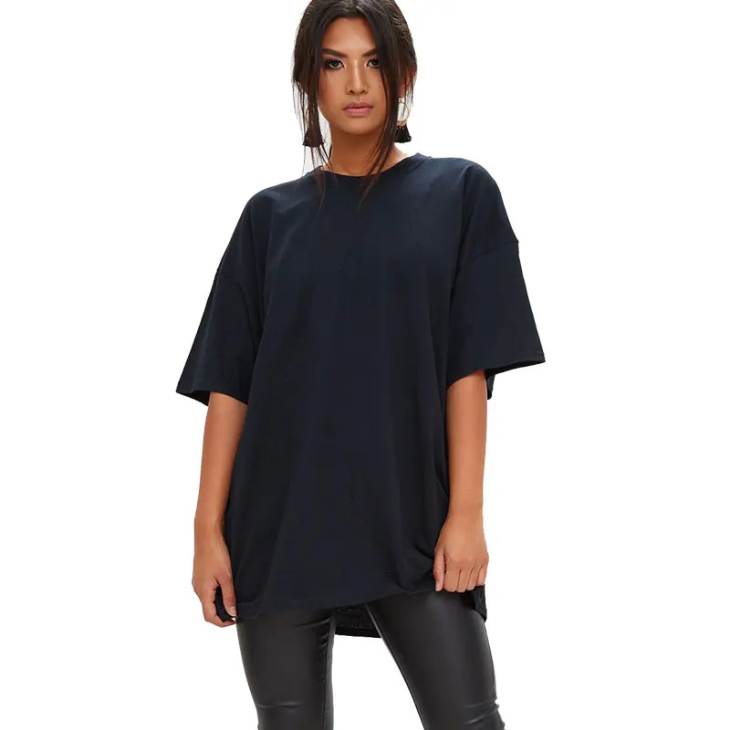 

Black Crew Neck Custom Streetwear Oversized Ringspun Cotton Super Longline Tshirt For Women