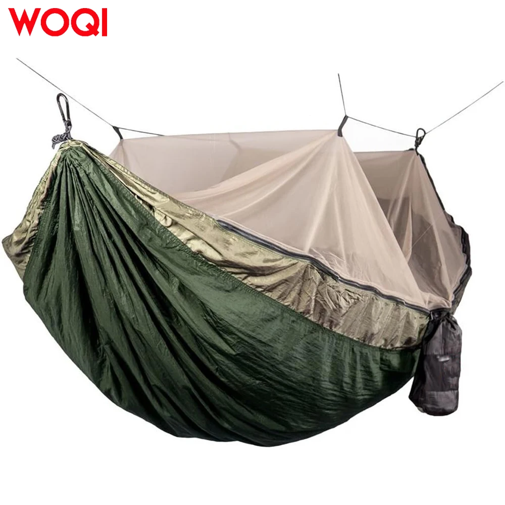 WOQI Portable Two Person Outdoor Parachute Hammock Mosquito Net Camping Hammock with Tree Straps