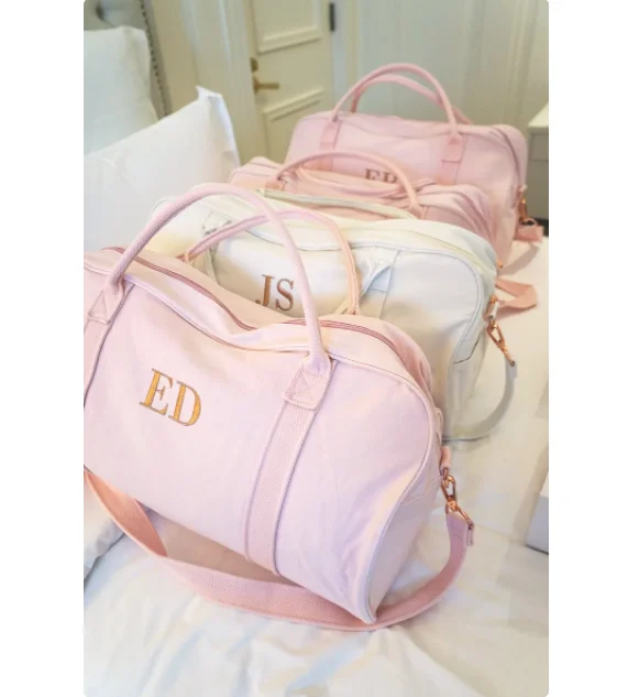 

Custom Large Weekender Travel Bags Monogram Custom Logo Woman Canvas Pink Duffle Bags, As pics show