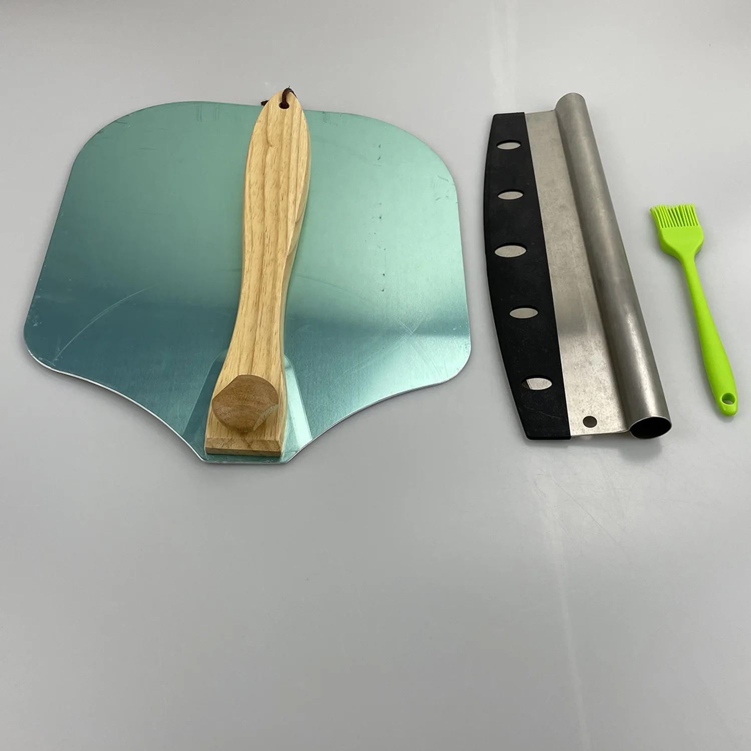 

Pizza Peel Aluminum Metal Pizza Paddle with Foldable Wooden Handle and Rocker Cutter with Cover brush