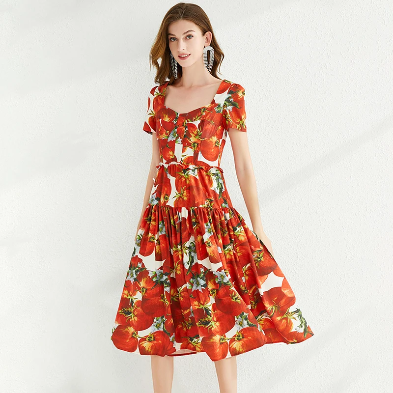 

2021 New Woman Clothes Elegant Ladies Square Collar Printed Short Sleeve Halter dress Summer Holiday Chiffon Short Dress