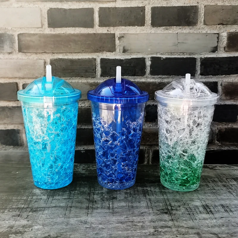 

Double Walled Acrylic Plastic Tumbler with Straw Gel Frosty Freezer Cups Ice Cold, Custom pantone color