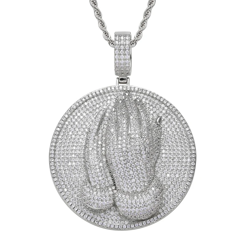 

2022 Hip Hop Jewelry Bling Prayed Hands Pendant Necklace With Full CZ Stone Fashion Jewelry Gift For Hip Hop Men