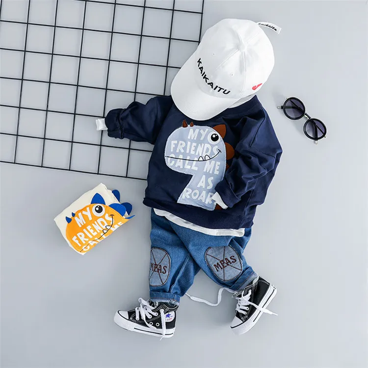 

Boys Clothing Set Baby Autumn Spring Clothes Cartoon Prints Long Sleeve T shirt + Jeans Two Piece Outfit Sets Kids Fashion, Beige, navy