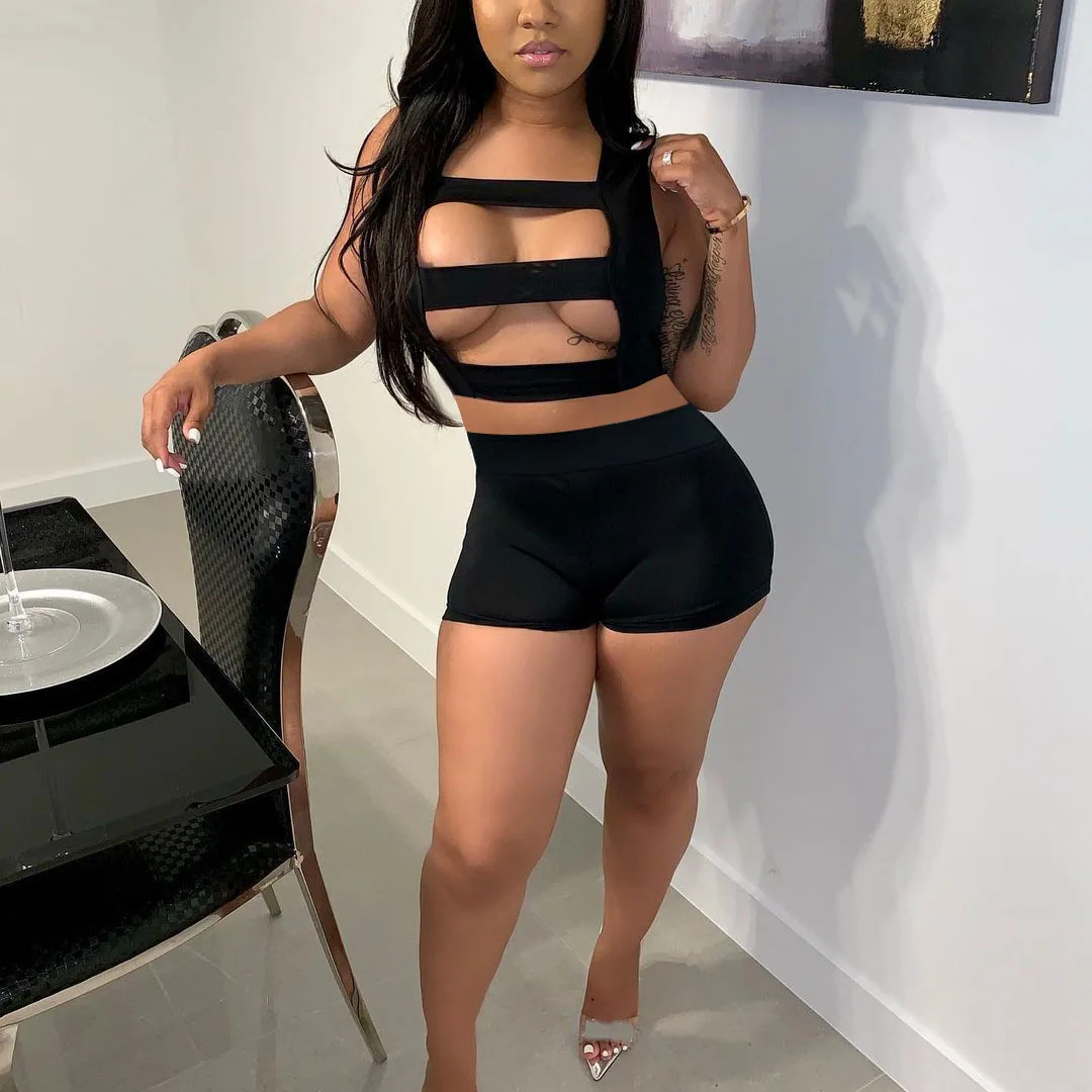

FS2904D sexy Women hollow out Tops and Shorts 2 Piece Set bandage Outfits