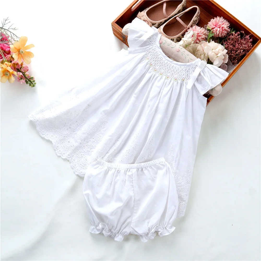 

C75055 newborn summer toddler baby girls clothes sets embroidery hand made smocked dress boutiques kids clothes wholesale