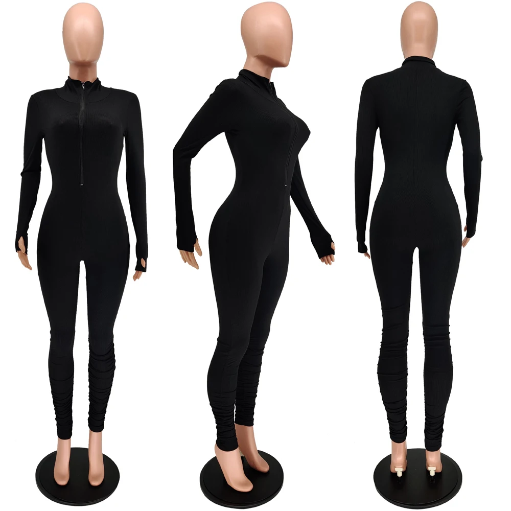 一件式连体裤冬季纯色连体裤俱乐部拉链叠式打底裤紧身衣性感连体裤s
