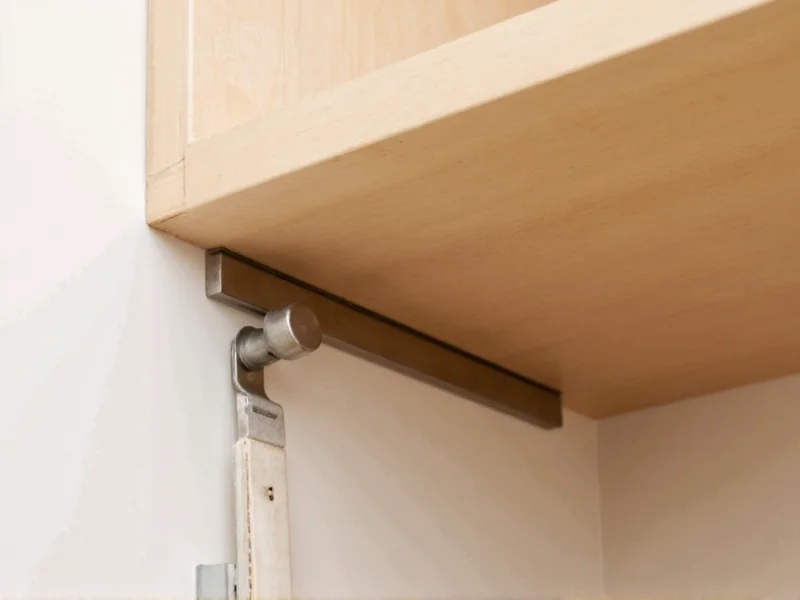 Close-up of bookshelf bracket secured to wall stud with toggle bolt