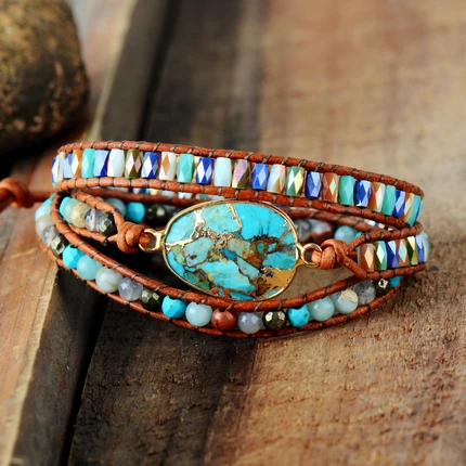 

Personalized Customized Charm Jasper Turquoise Crystal Agate Beaded Leather Wrap Bracelets