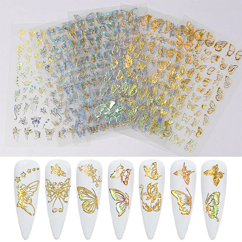 

2021 popular holographic butterfly Gold and silver Laser 3d mesh nail sticker art decoration, Laser gold/laser silver