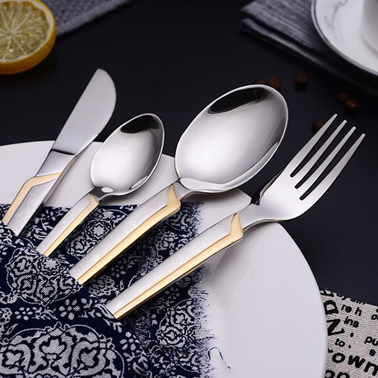 

Wholesale Silverware Gold Metal Cutlery Set Stainless Steel 201 Laser Logo Spoon And Fork Set Stainless