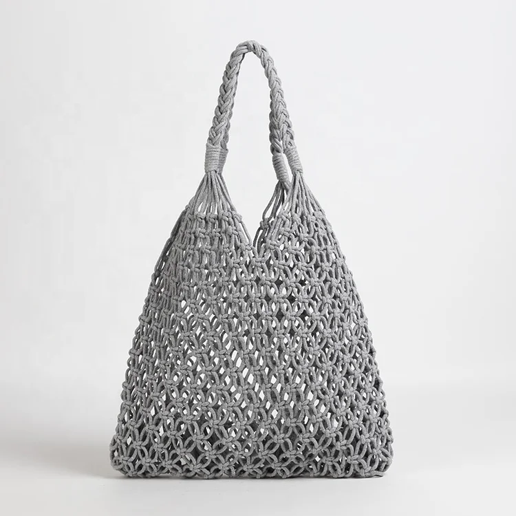 

Women simple portable cotton mesh bag large beach custom tote shoulder bags, Gray
