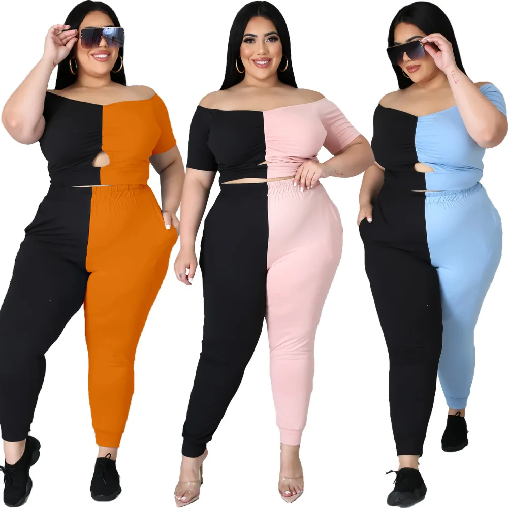 

Large size women matching color short sleeves off the shoulders plus size 2021 two pieces set women clothing, Pink,gray,navy blue