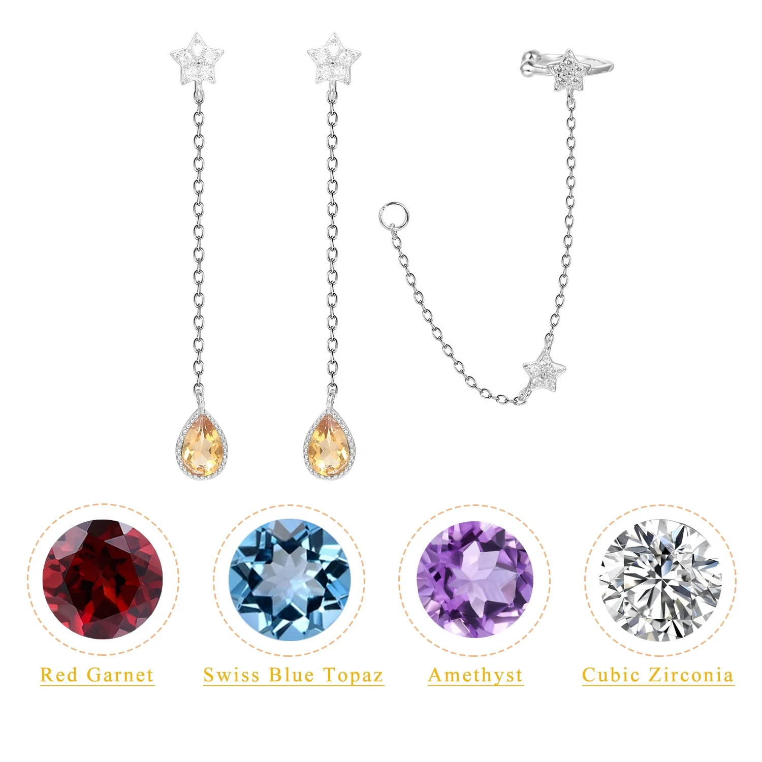 

OL0878 Abiding Jewelry China Factory Custom Wholesale Multi Natural Gemstone 925 Sterling Silver Star Long Chain Drop Earrings