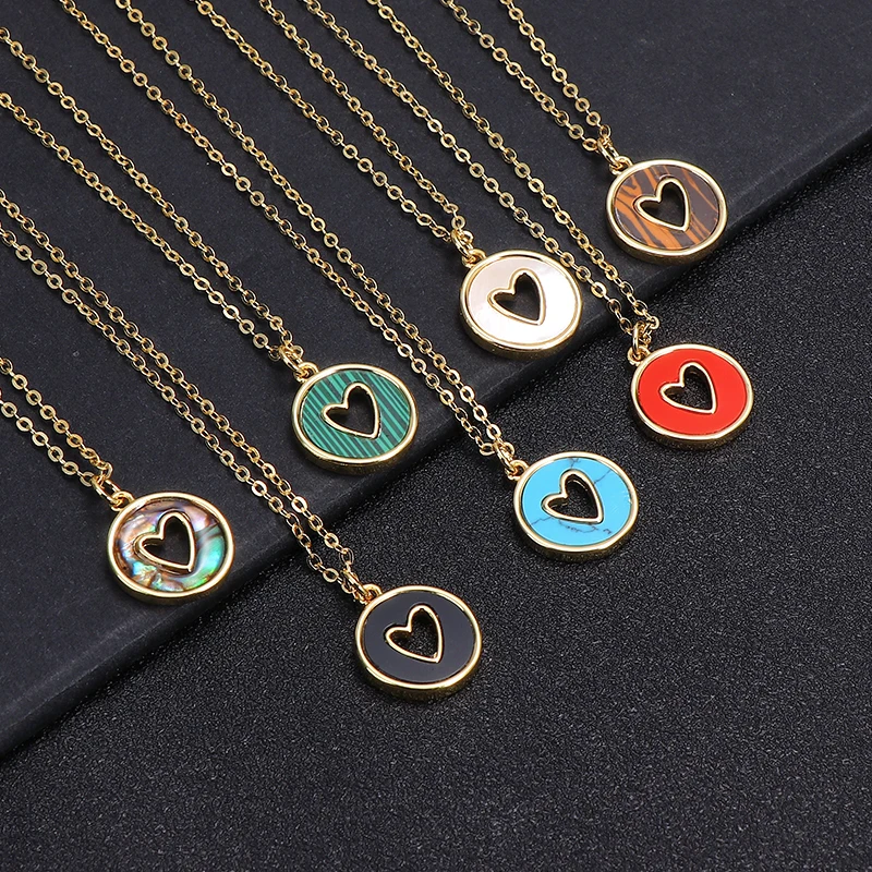 

Brass Real Gold Plated Turquoise Heart Necklace Round Circle Natural Stone Hollow Heart Pendant Necklace For Women