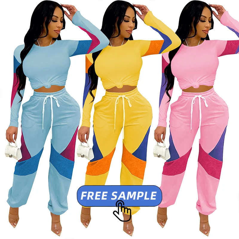 

Free Sample Custom 2021 fall Clothes blocking-color patchwork Top Outfits 2 long Clothing Two Piece sweat Pants Set for Women