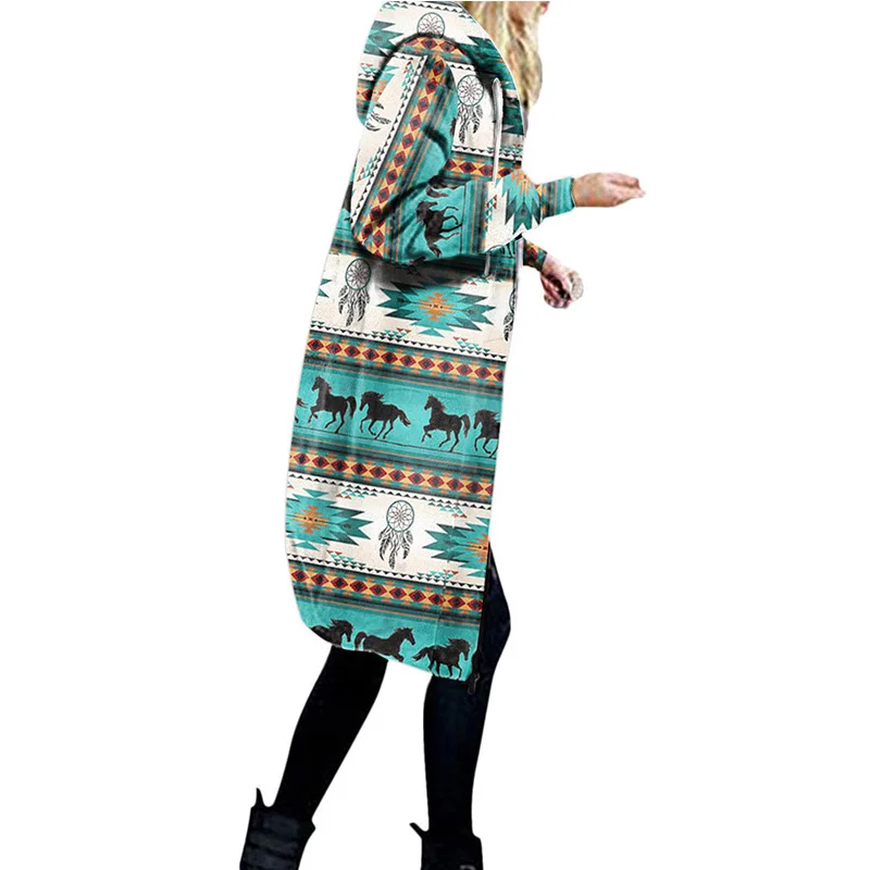 

Women's Hooded Long Coat Clothing Women's Jacket Light Comfortable Popular AZTEC Printed Hooded Women's Jacket