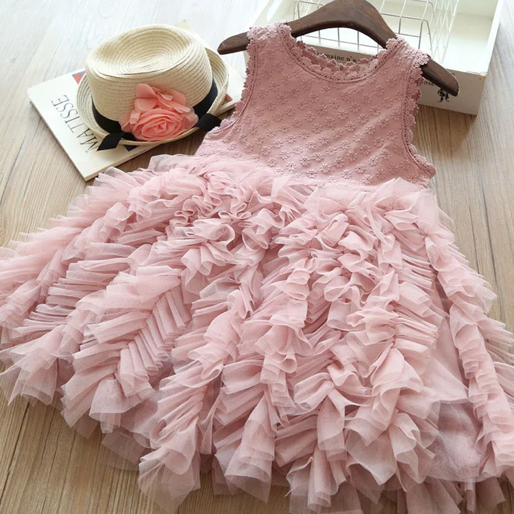 

summer nonsleeve ruffle girls casual dresses 1-5 years with solid color