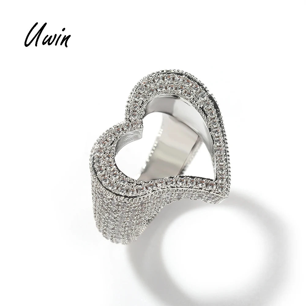 

UWIN New Arrival Heart Shape CZ Ring Hollow Ring for Men and Women Iced Out Hip Hop Bling Rapper Jewelry, Gold / silver /rose gold