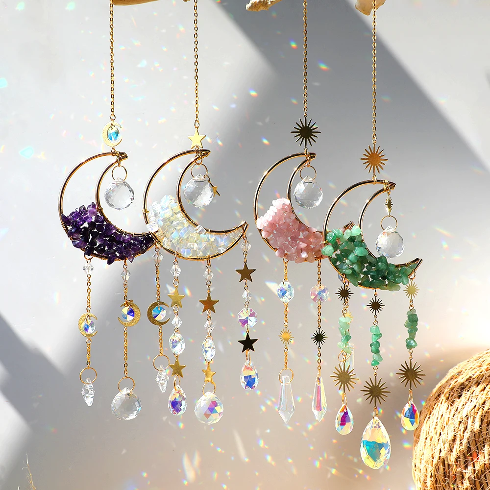 

crystal sun catcher Star Moon Dream Catcher Wind Chime Ornaments For Home Room Wall Decor Window Garden Decoration, Multi color